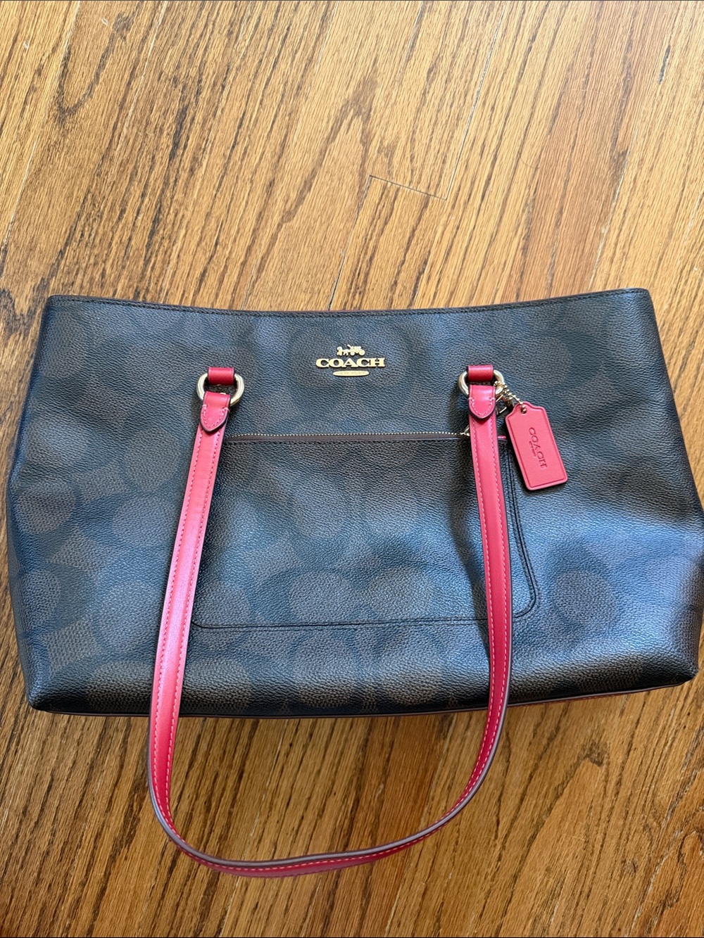 Coach Black Signature Tote with Red Leather Handles with Matching Red Wallet